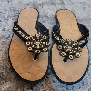 Coach Kelby thong flip flop black gold and tan